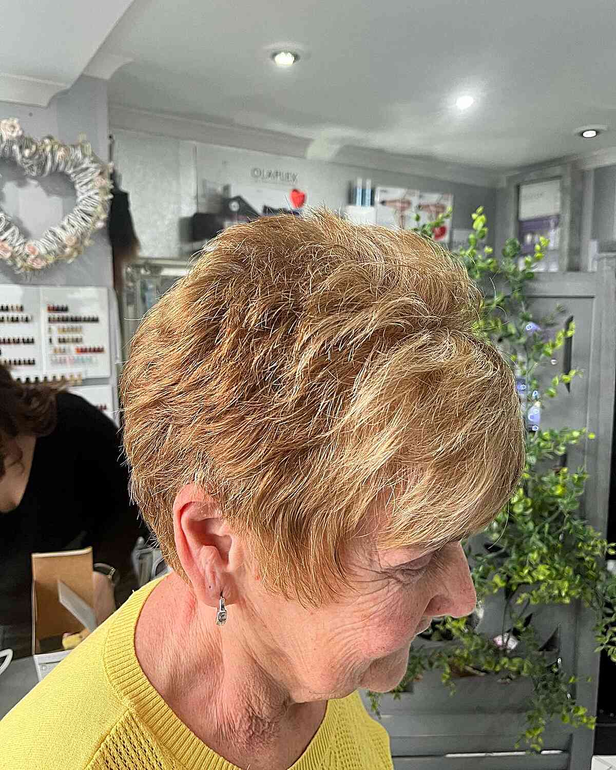Fluffy Short Choppy Pixie Crop with Side Fringe and Golden Blonde Color for Women over 60