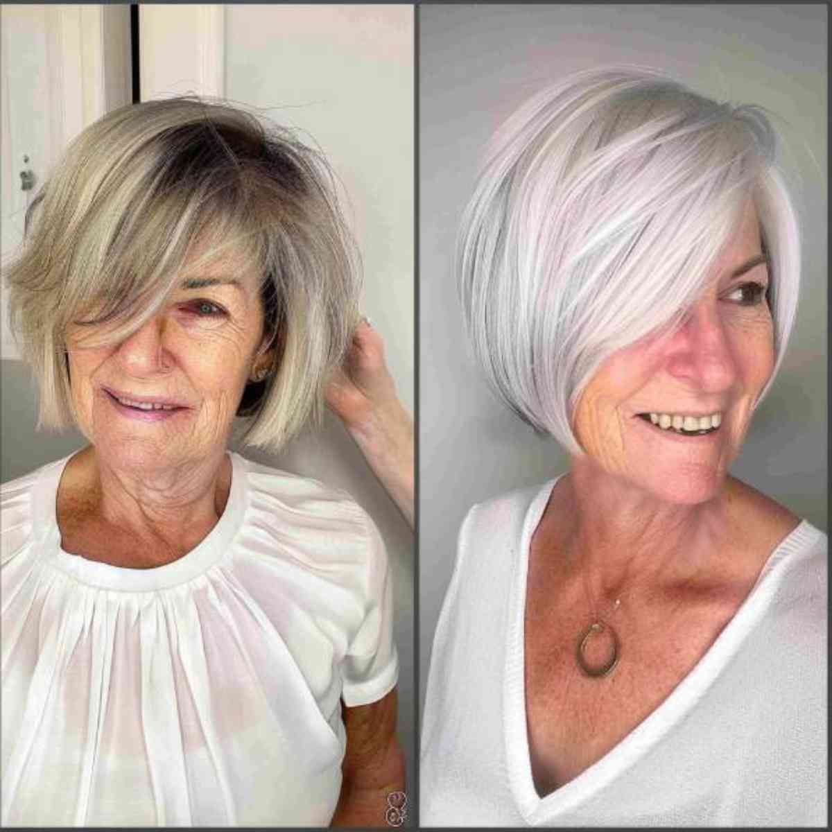 Fluffy Silver Hair with Long Bangs for Ladies Over Seventy