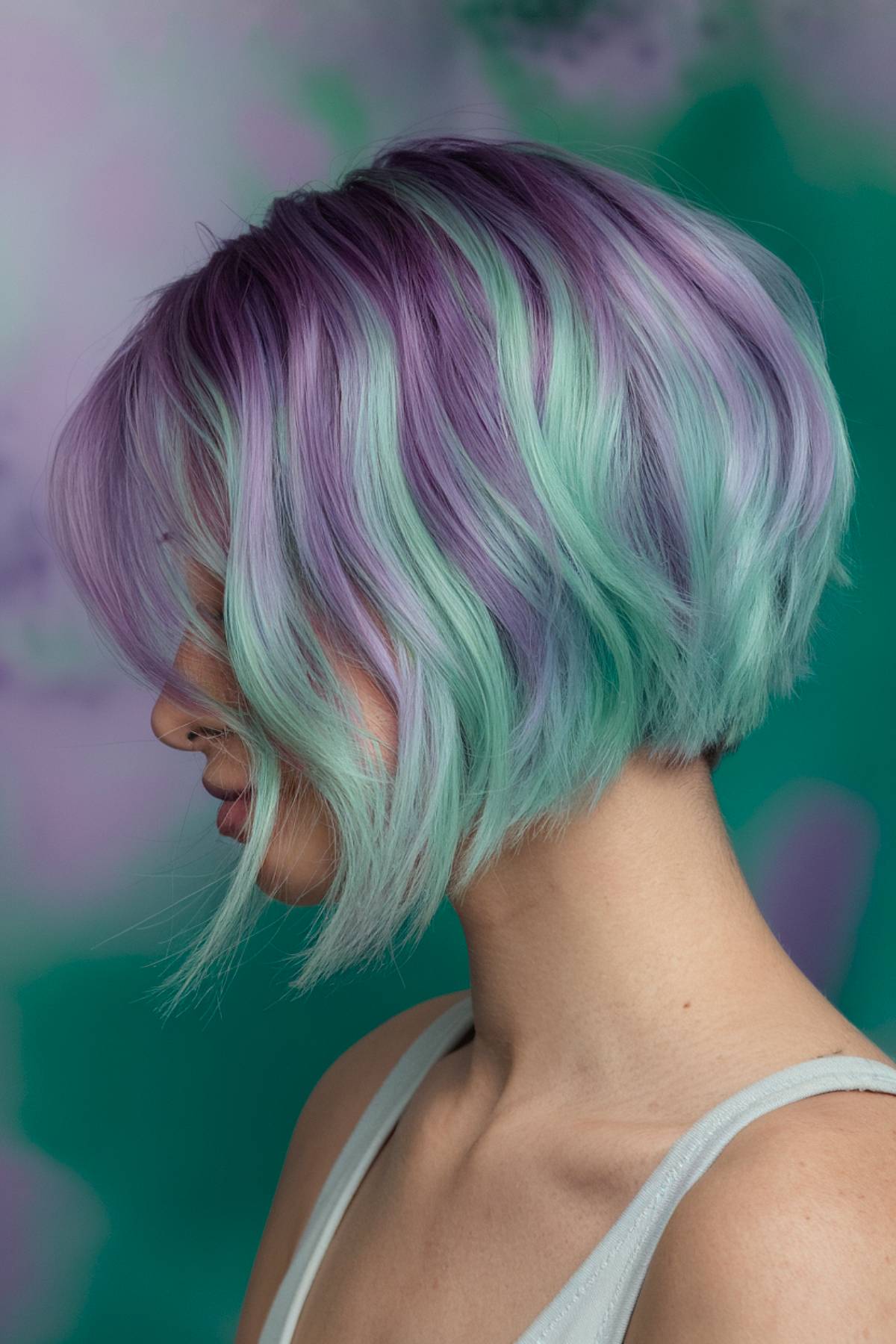 Fluorite flow bob with pastel green, purple, and deep violet hues, blending like natural fluorite stone