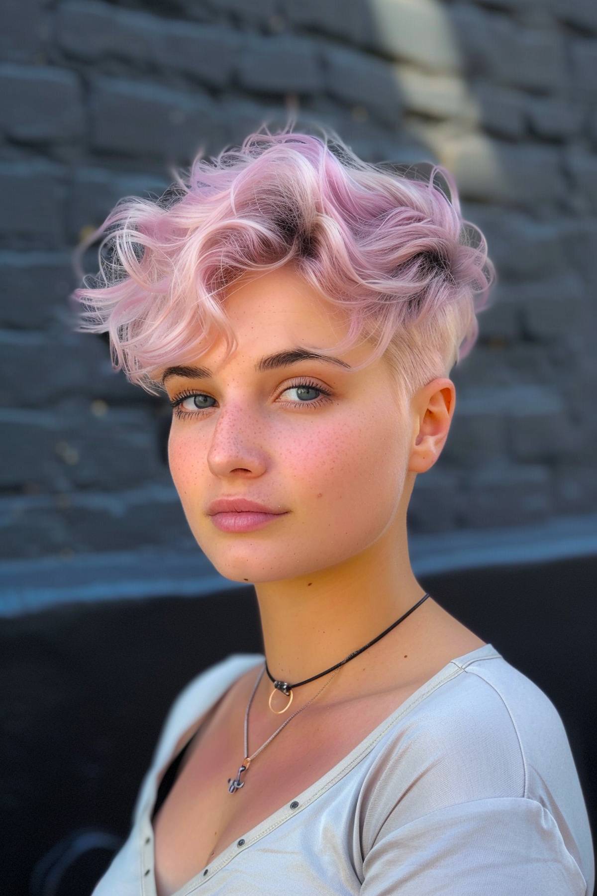 Pastel pink wavy pixie haircut with undercut