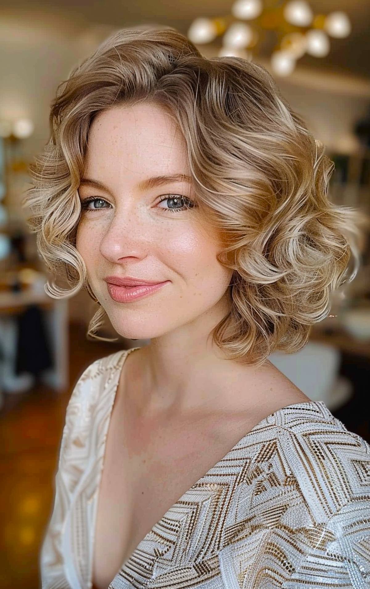 Formal curly hairstyle for short hair with soft volume and side part