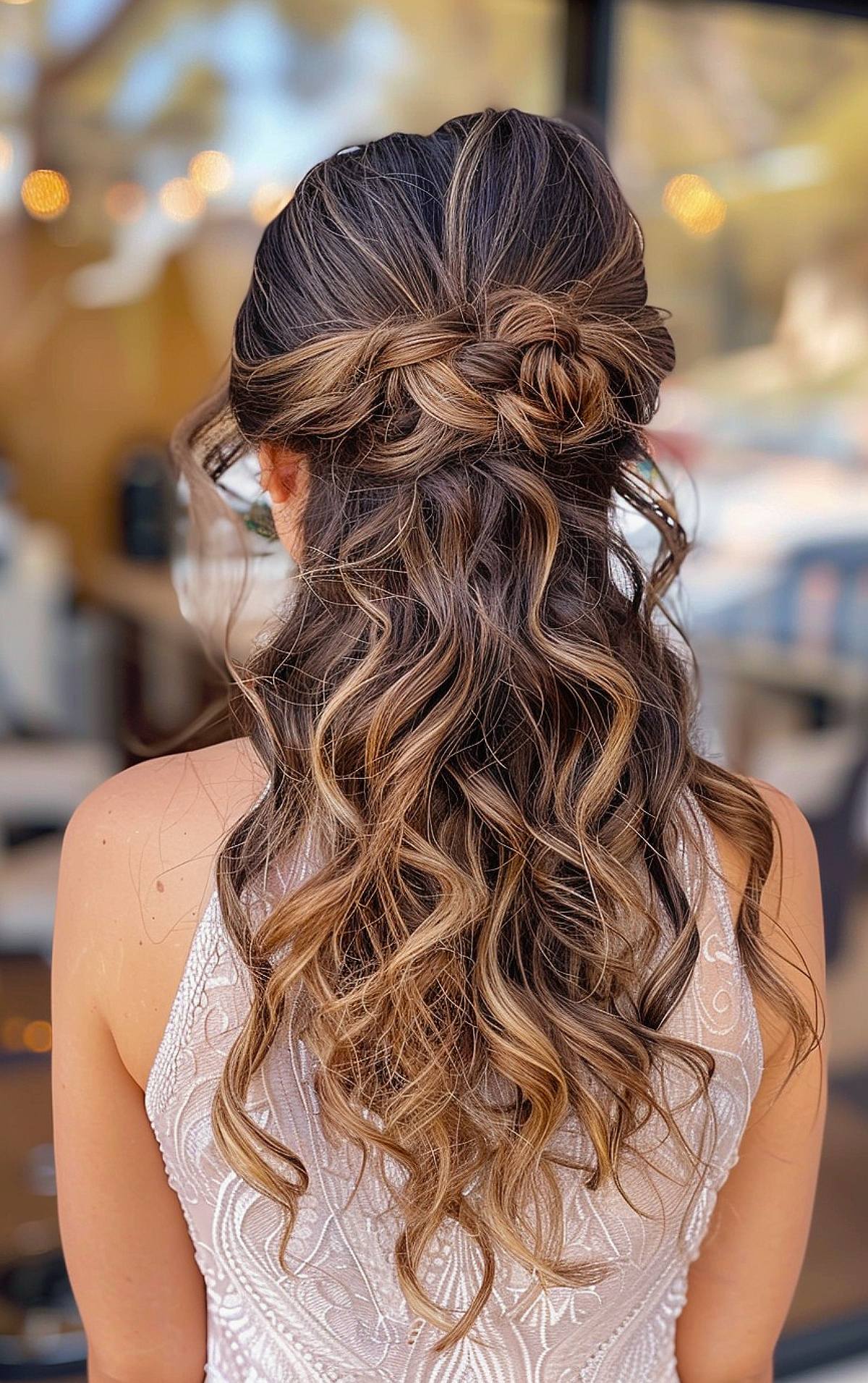 Formal curly hairstyle with natural curls half up half down with a twisted knot