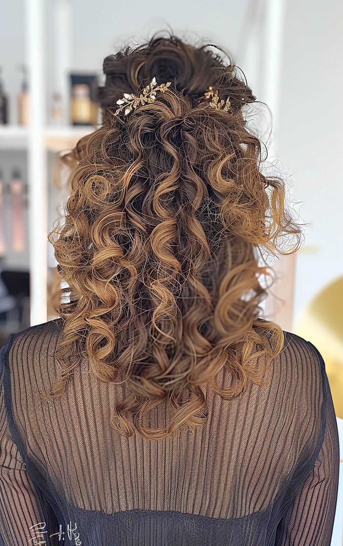 Formal hairstyle for curly natural hair with gold accessory for formal events