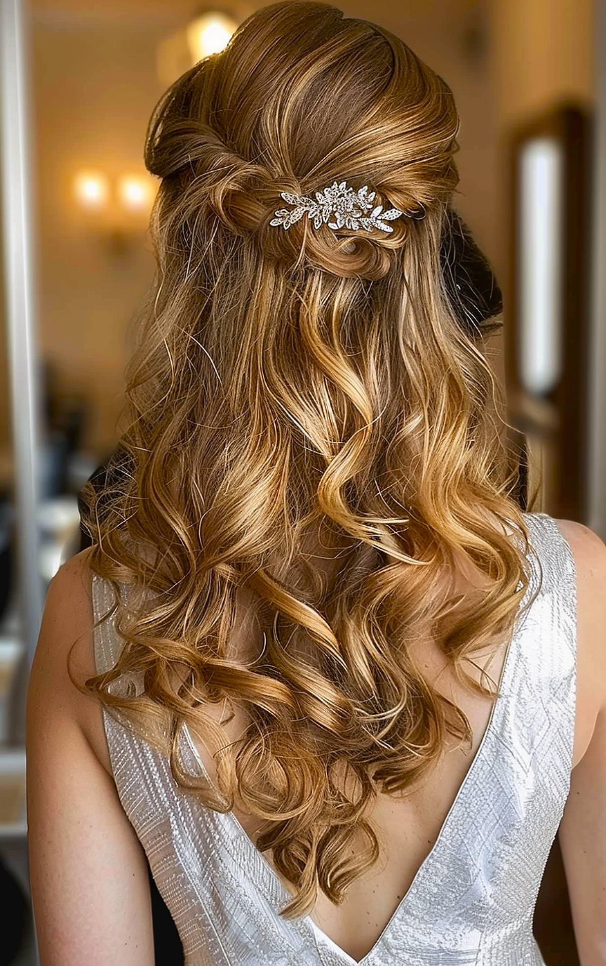 Formal hairstyle for mixed curly hair with jeweled hairpiece and loose curls