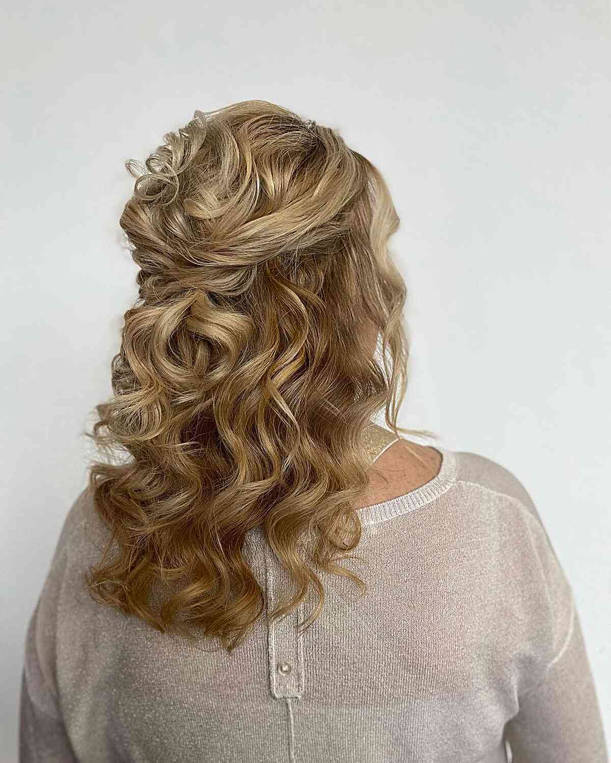 Formal Overlap Half-Up with Loose Curls for Medium-Length Wedding Guest Hair