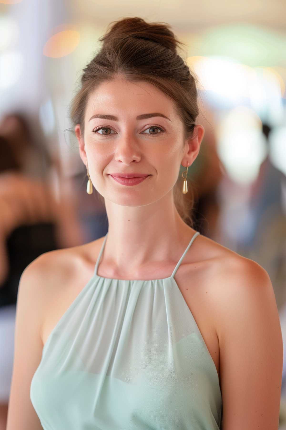 Woman with a formal sleek bun, suitable for formal events