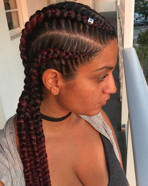 Four Goddess Braids with Red Accents