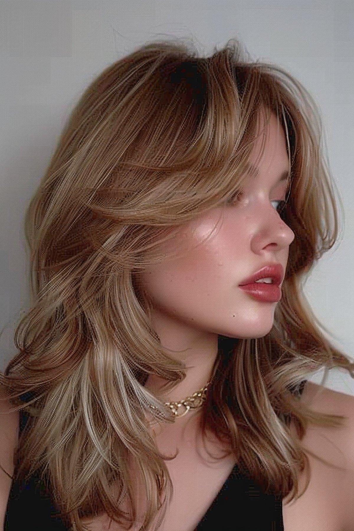 Fox cut hairstyle with blonde waves and medium layers.