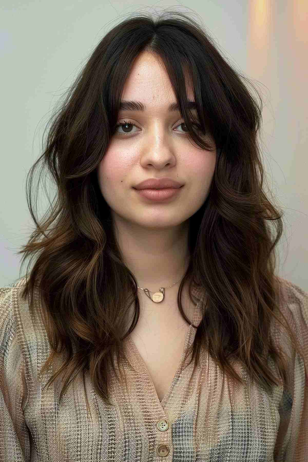 Fox cut for wavy hair with face-framing layers, ideal for round faces