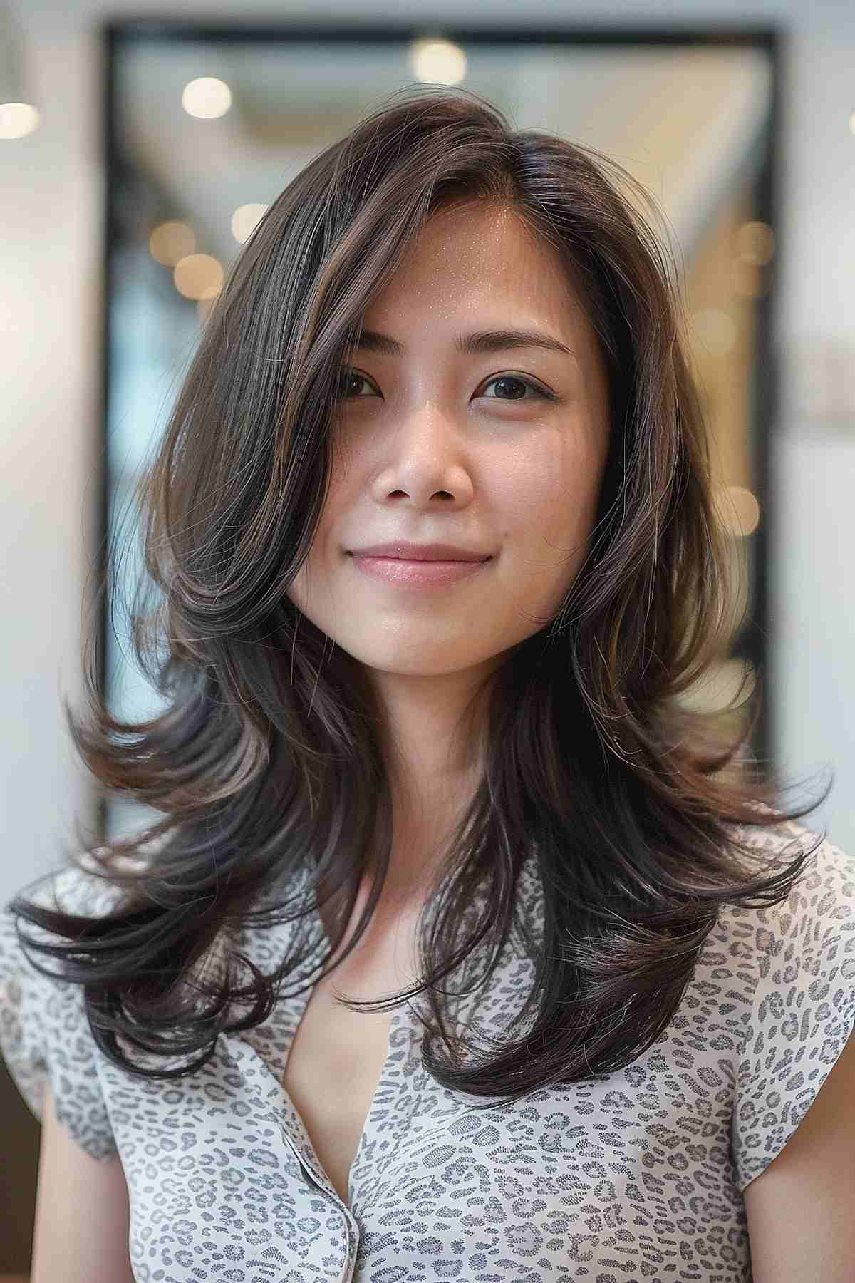 Foxy hairstyle with deep side part and voluminous layers for medium to thick hair