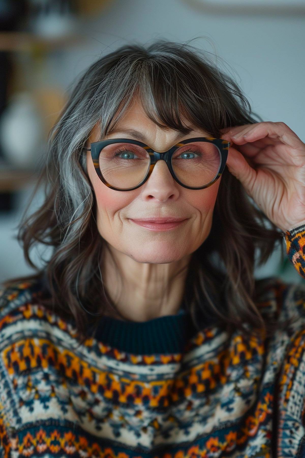 frameflick haircut with curtain bangs for women with glasses