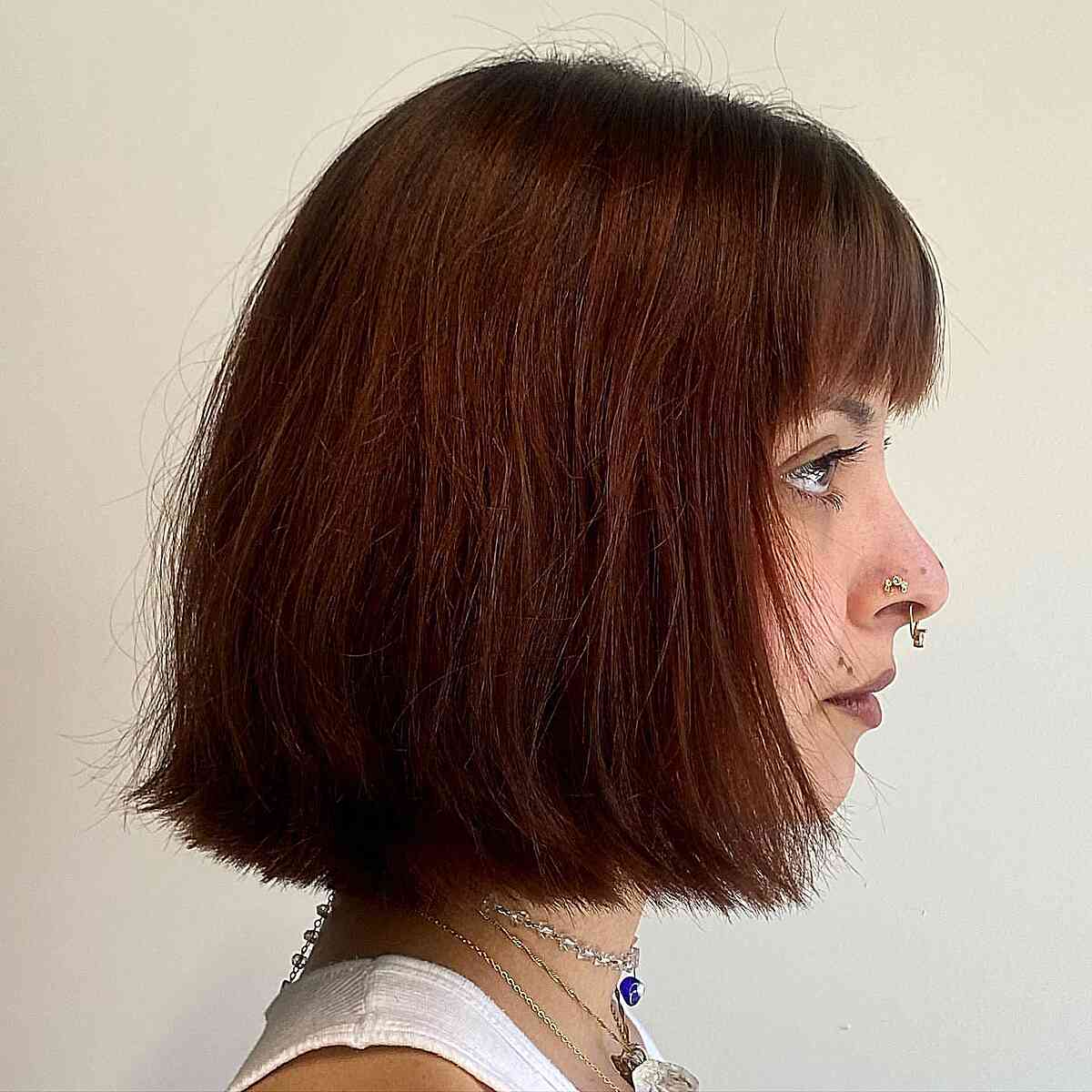 French Bob with Blunt Ends and wispy fringe bangs
