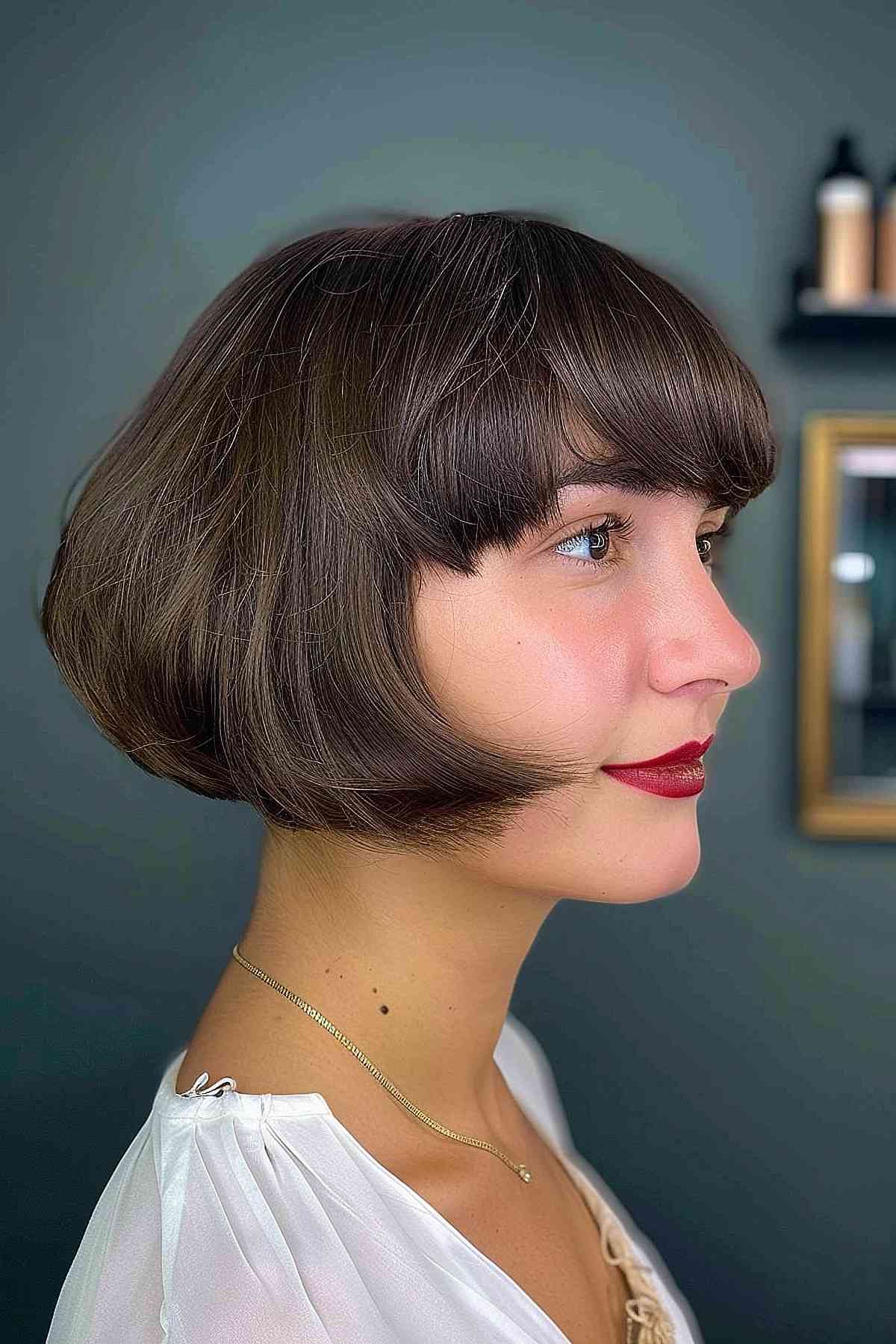 Rounded Chanel bob with full bangs offering a sleek, head-contouring look.