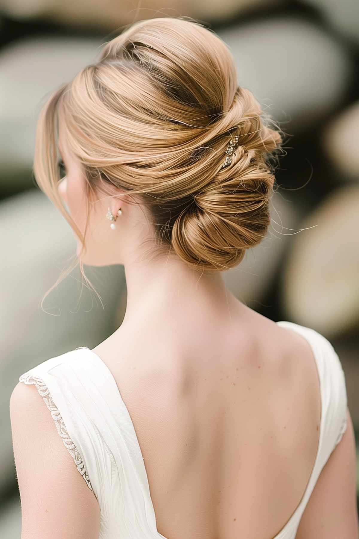 Elegant French twist hairstyle on a woman with medium hair, enhanced with a decorative pin, perfect for formal occasions.