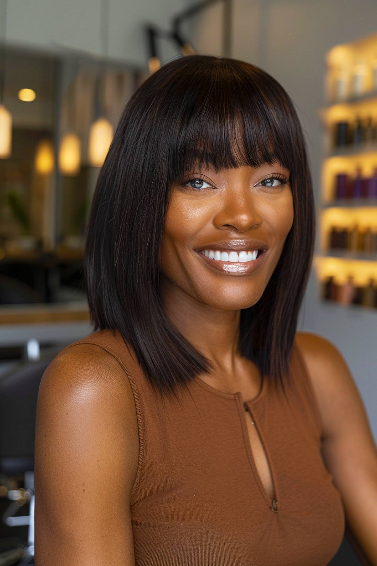 Fringe bangs for black women with straight medium-length hair