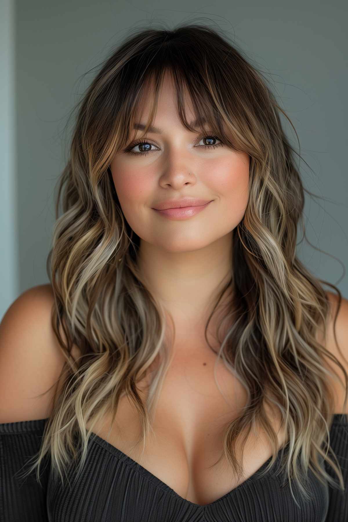 Woman with long layered hair and soft fringes framing her face