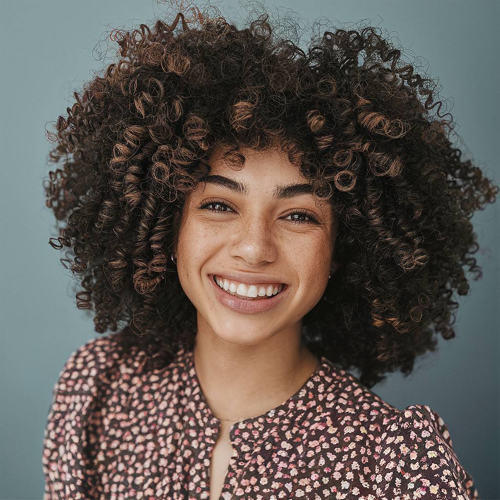 Voluminous curly fro with tight spirals and rounded shape for a bold natural curly hairstyle