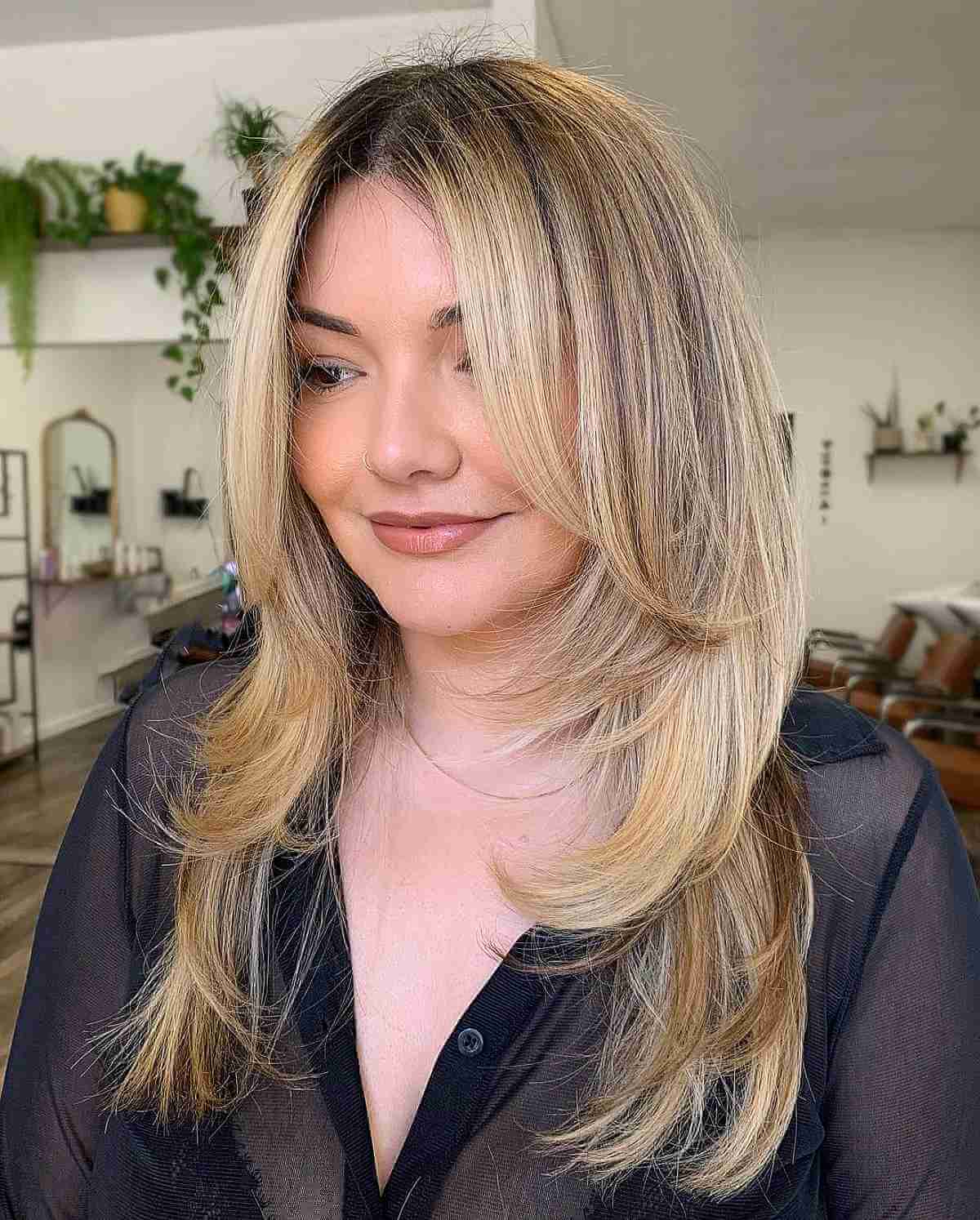 Front Layered Cut with Middle-Parted Long Bangs for Round Faces