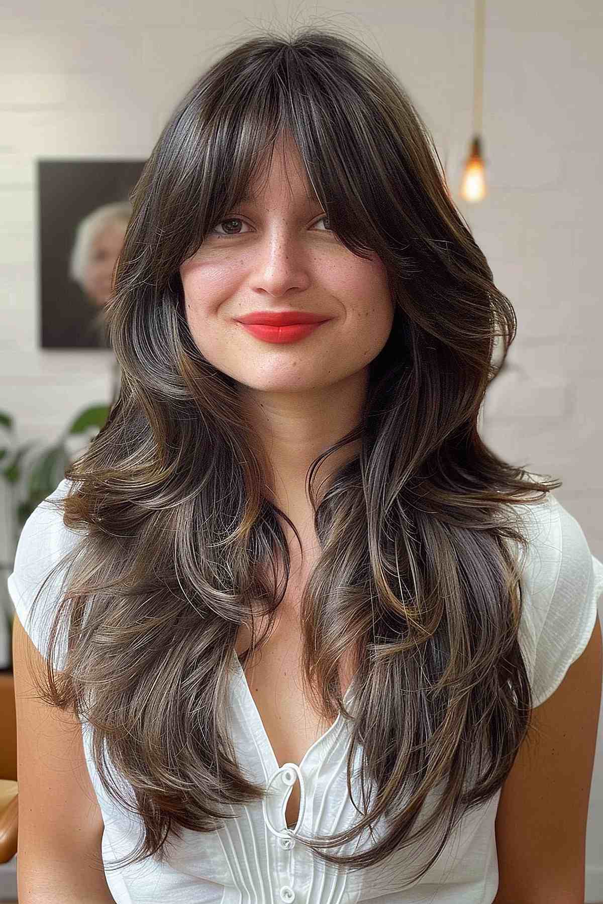 Woman with long hair styled with front layers and a curtain fringe, creating a soft, face-framing effect.