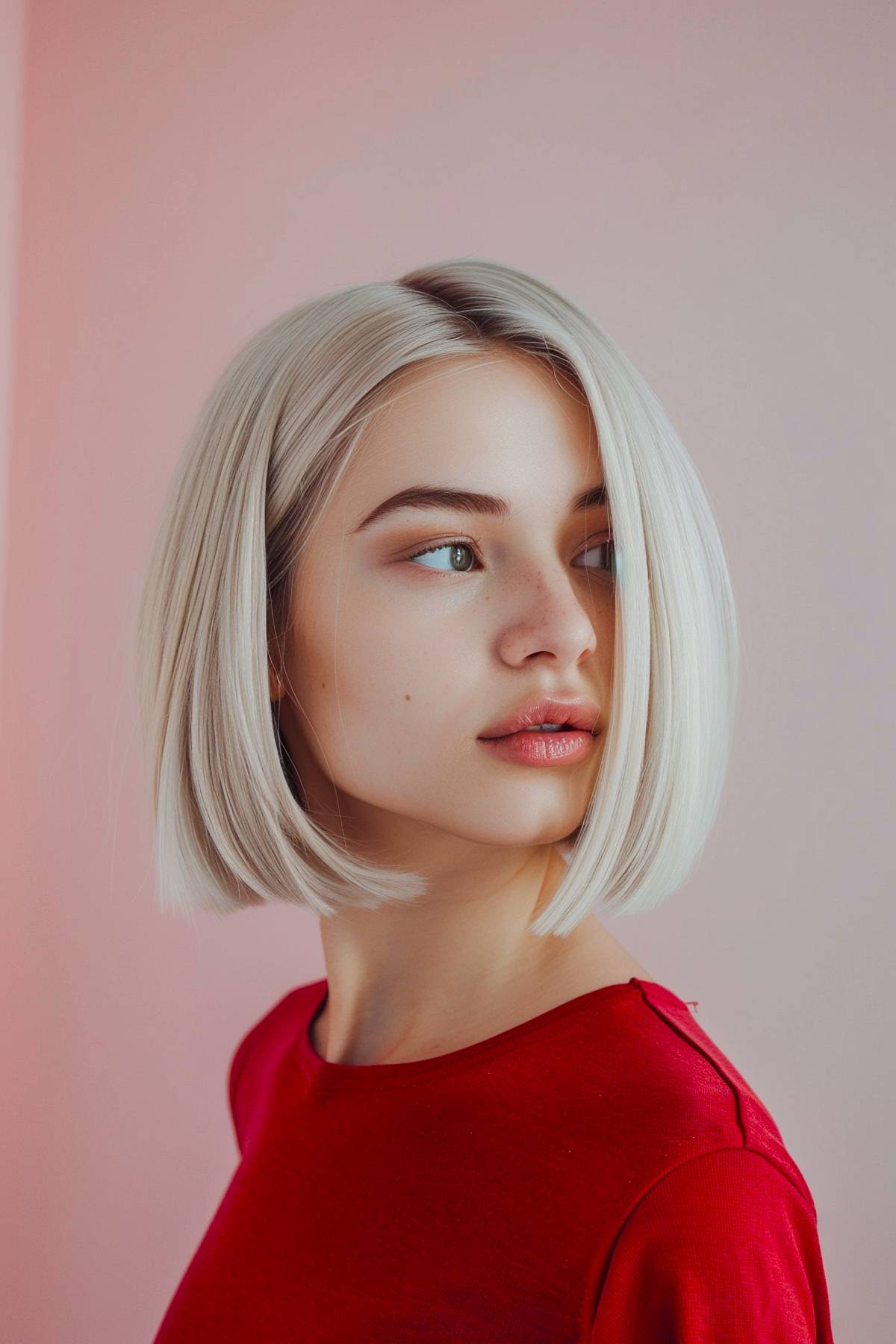 Frostbob hairstyle, chin-length short bob with frosty blonde