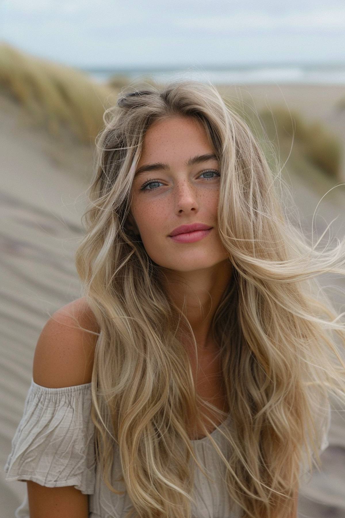 Frosted dune hair color with icy blonde balayage on long hair