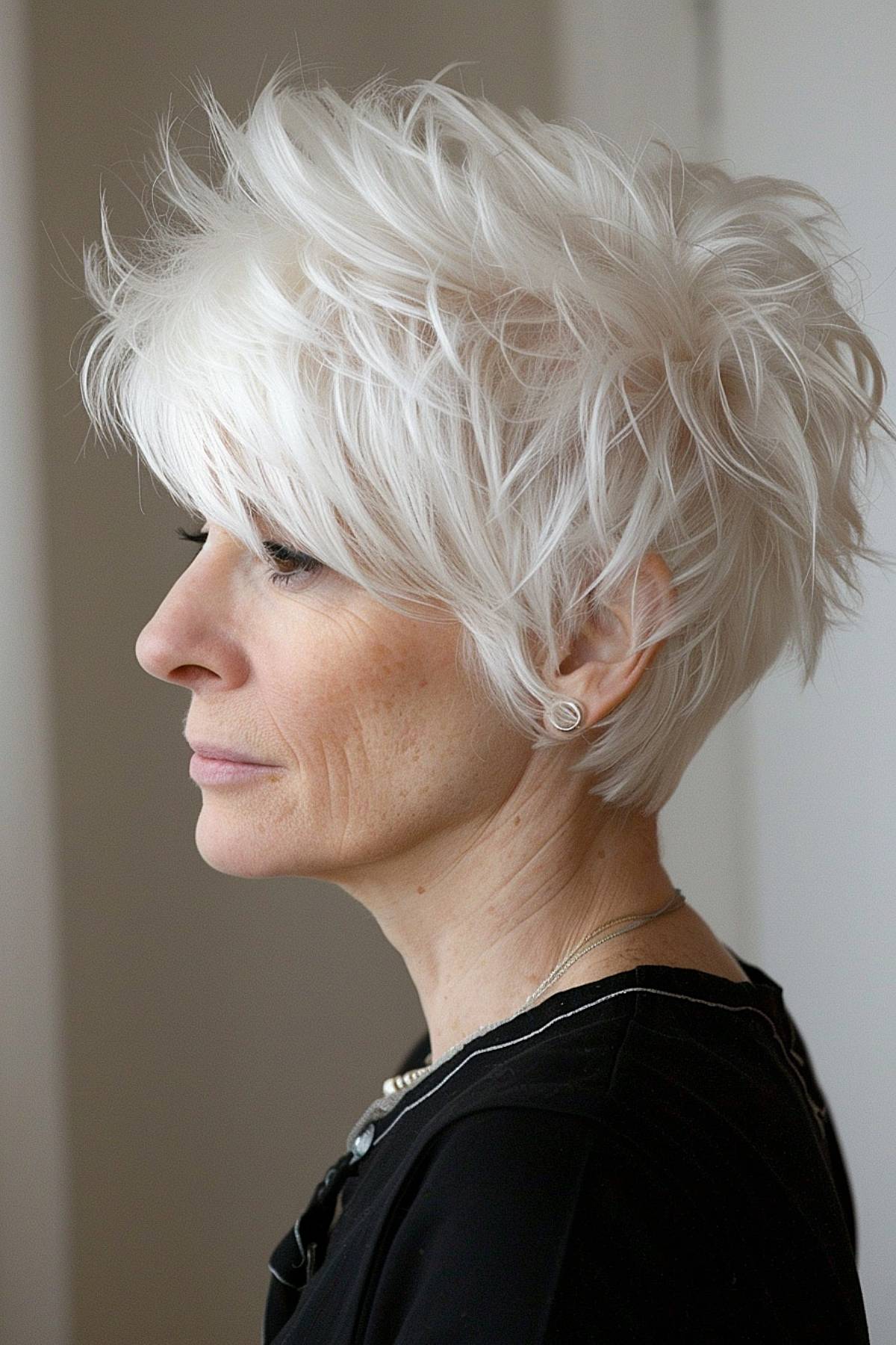 Feathered pixie cut with platinum-white color