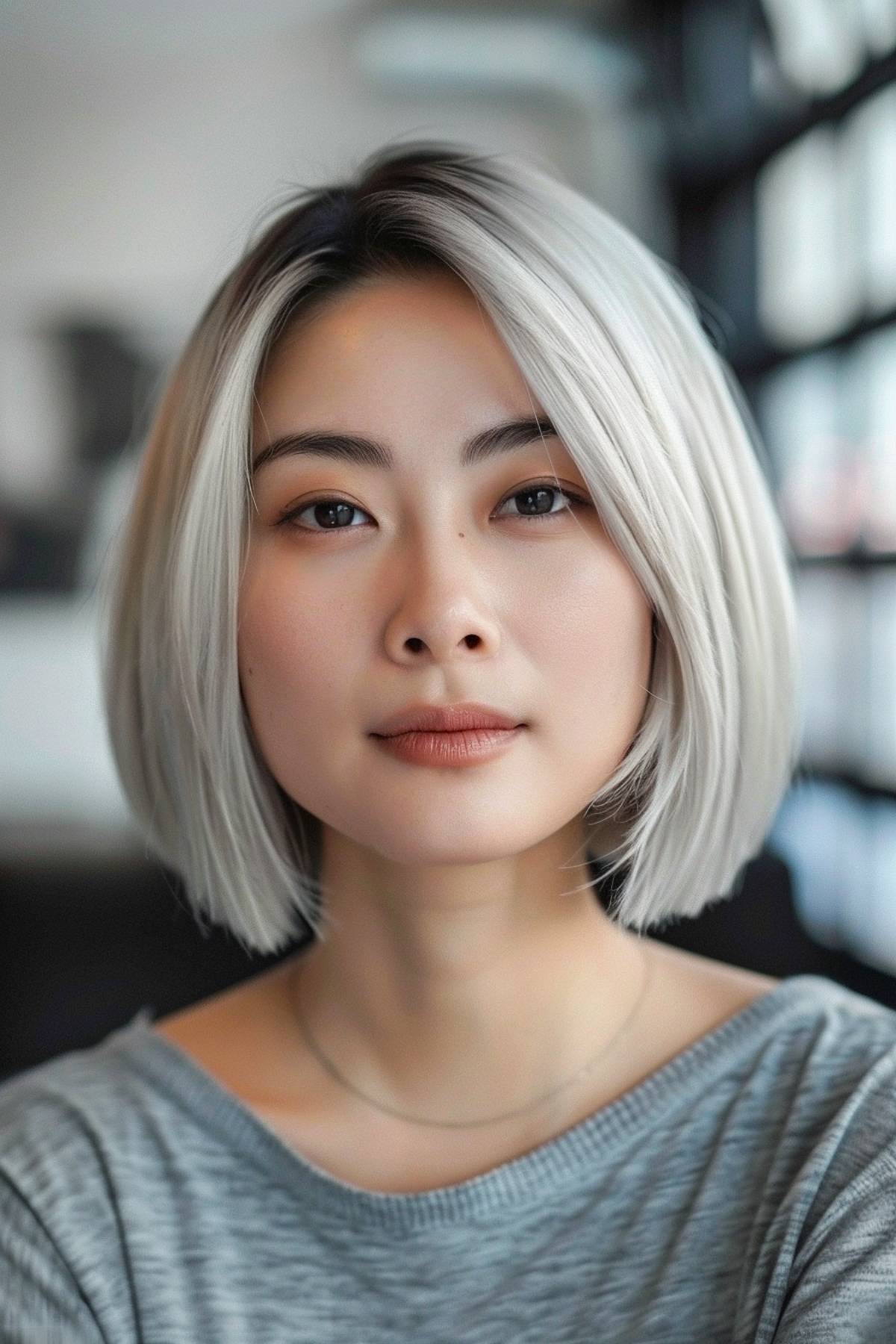 Frostedge Bob – sharp platinum bob haircut for round faces