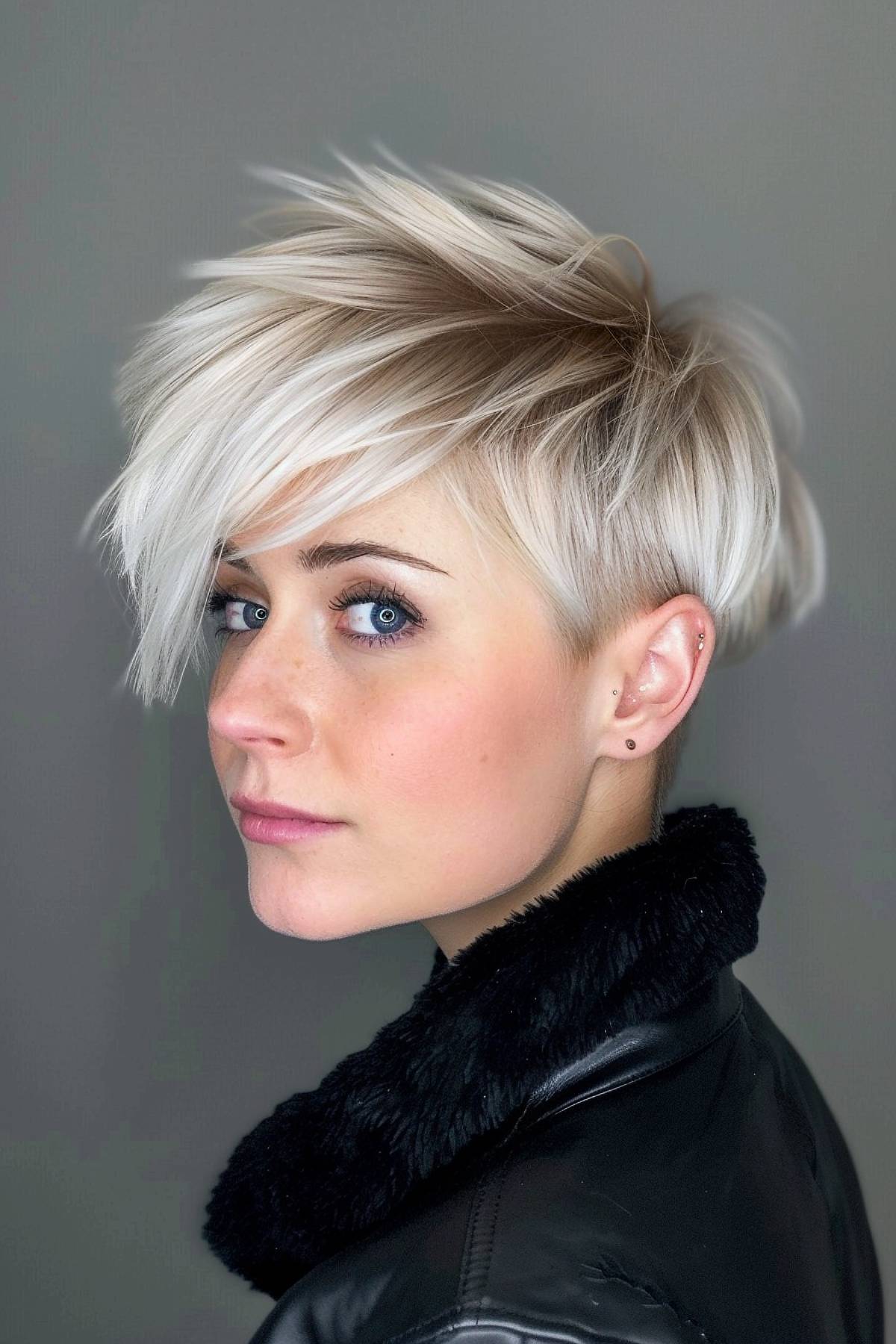 Frostedge haircut featuring a choppy platinum pixie with long side-swept bangs and razored edges