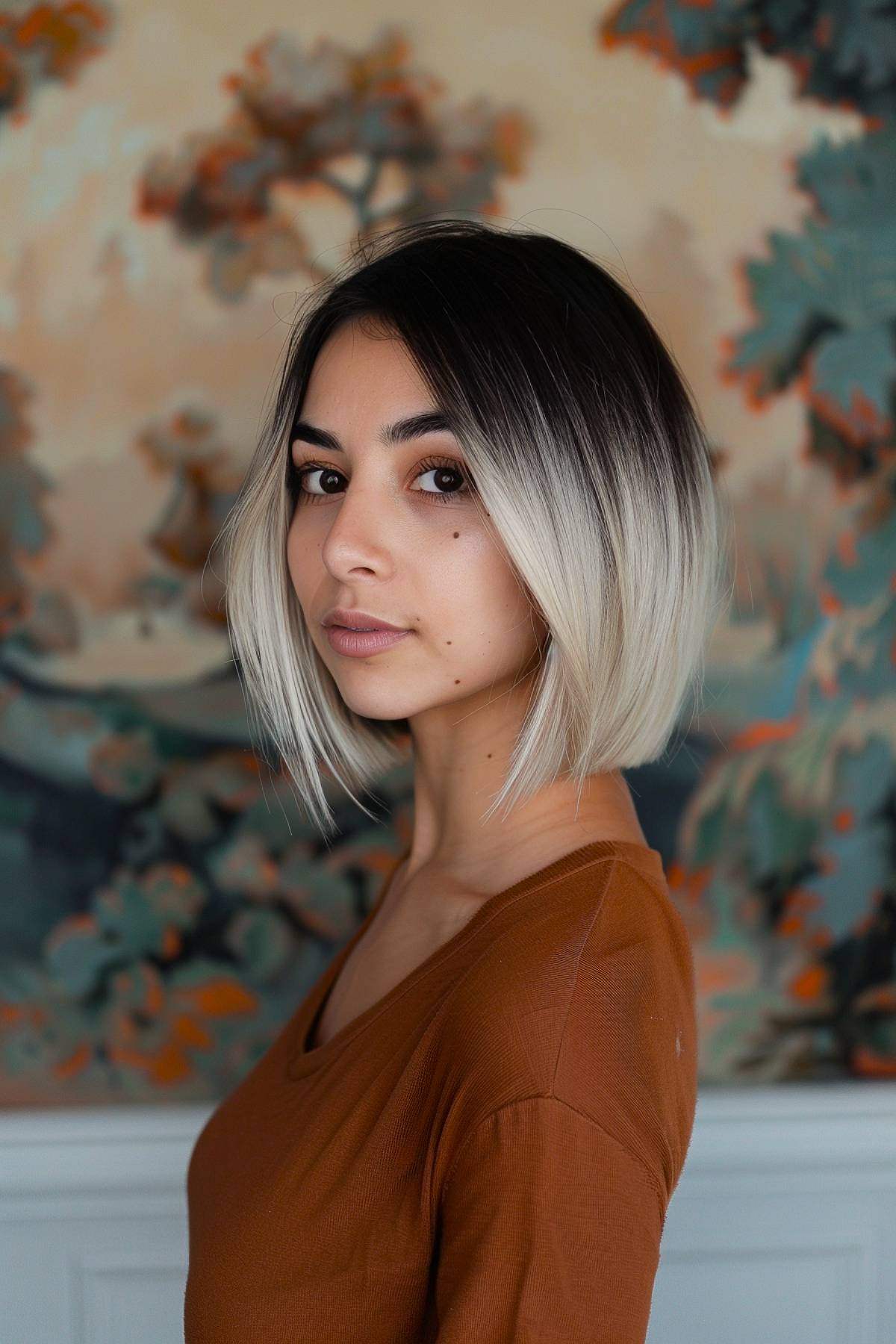 Frostfade bob featuring a sleek transition from dark roots to icy white-blonde ends