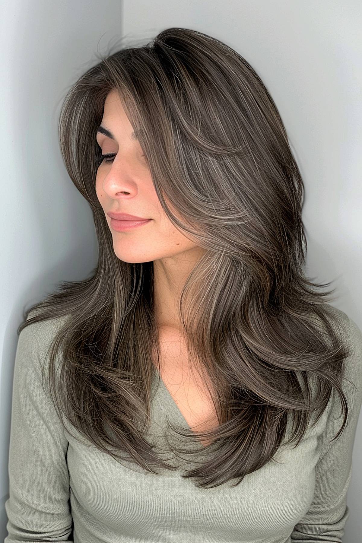 Frostflow hair with silver-gray tones and face-framing layers