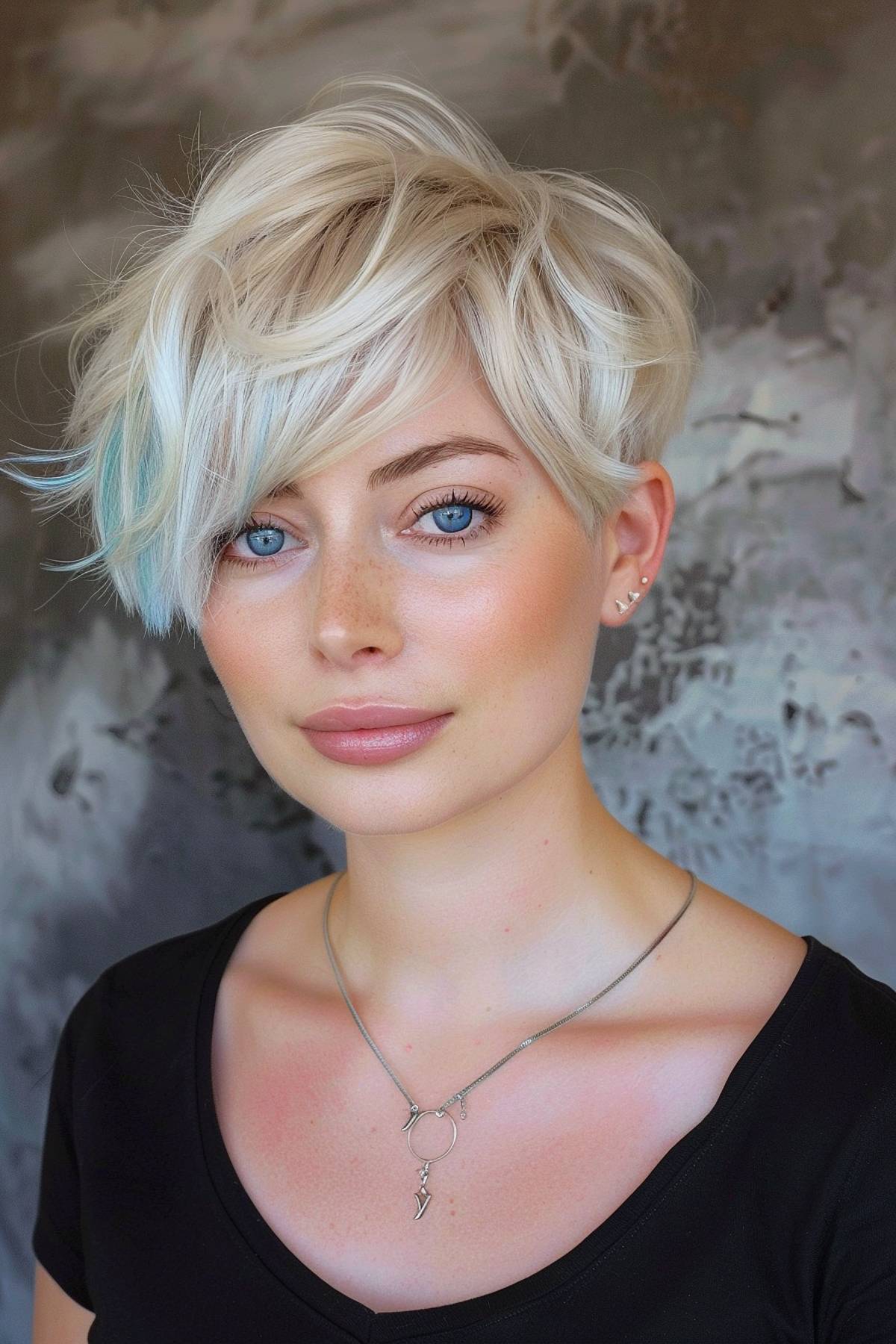 Frostine pixie hairstyle with icy blonde tones and side-swept bangs