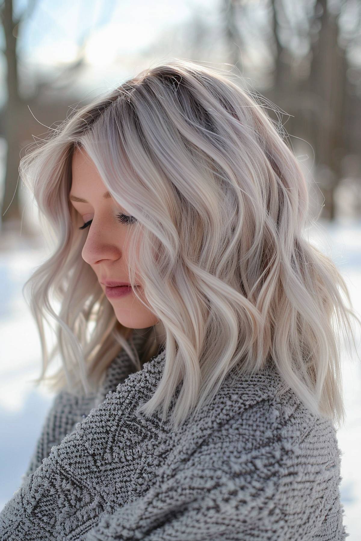 Frosty blonde shoulder-length hair with wavy texture