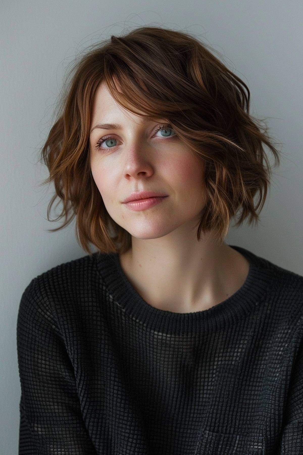 Neck-length bob with feathered layers and highlights