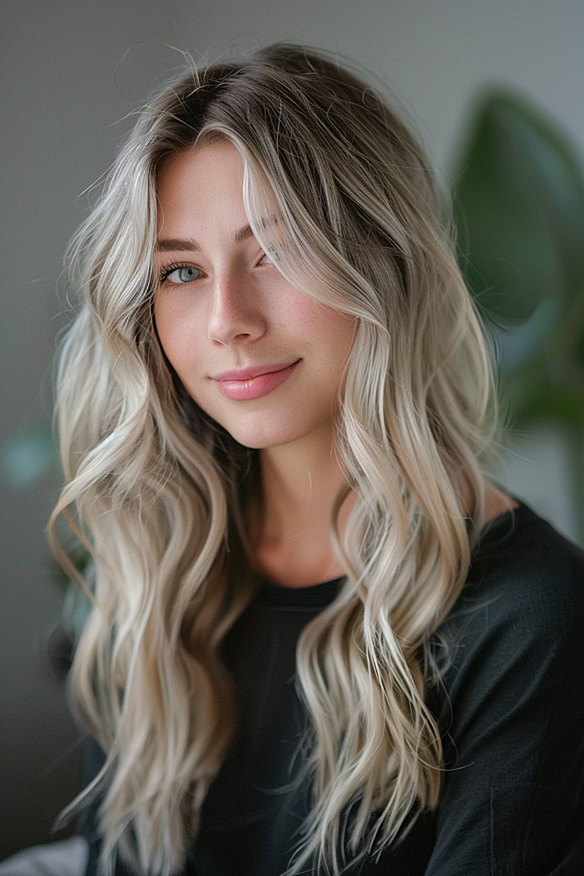 Platinum-blonde long waves with face-framing pieces