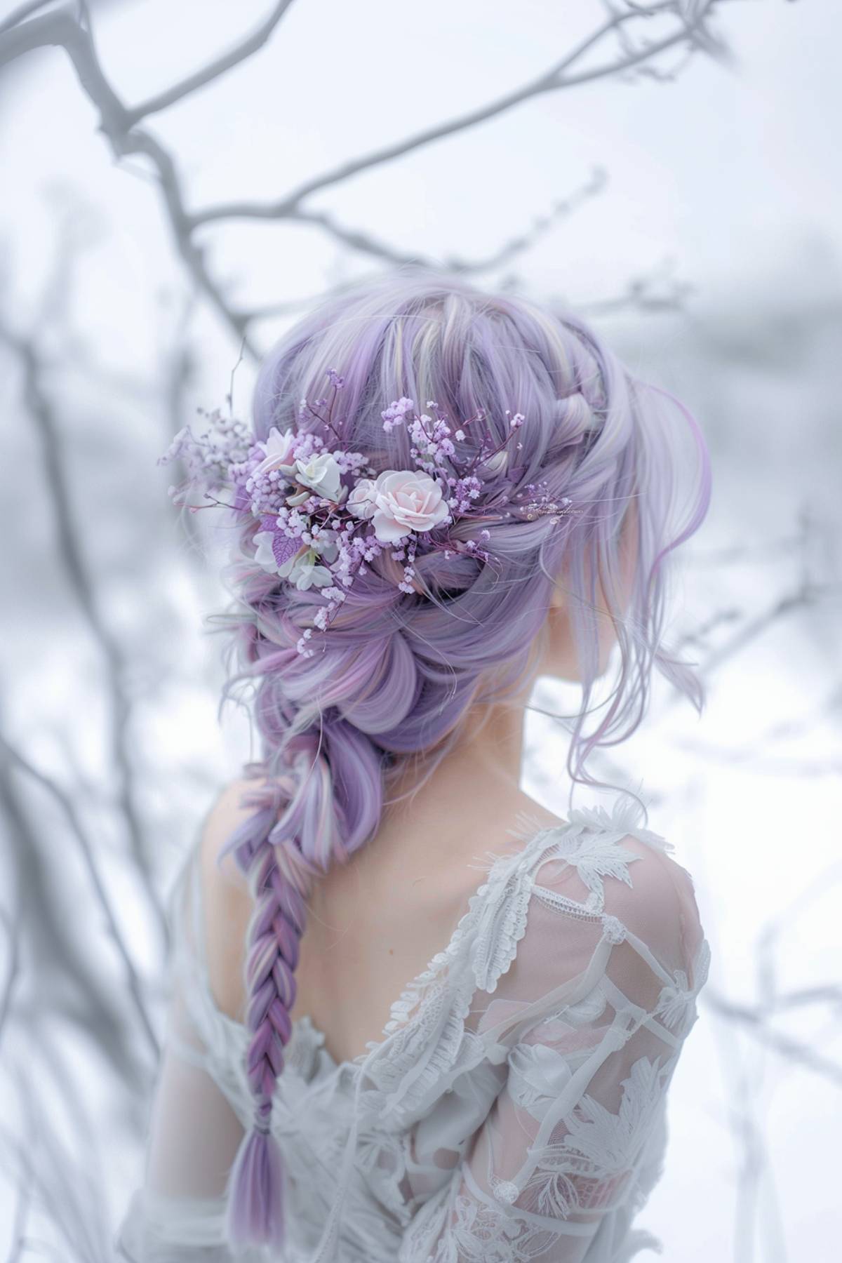 Lavender braided hairstyle with floral accents