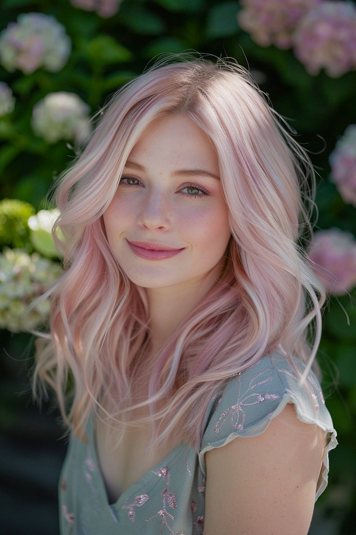 Pastel pink wavy mid-length hairstyle