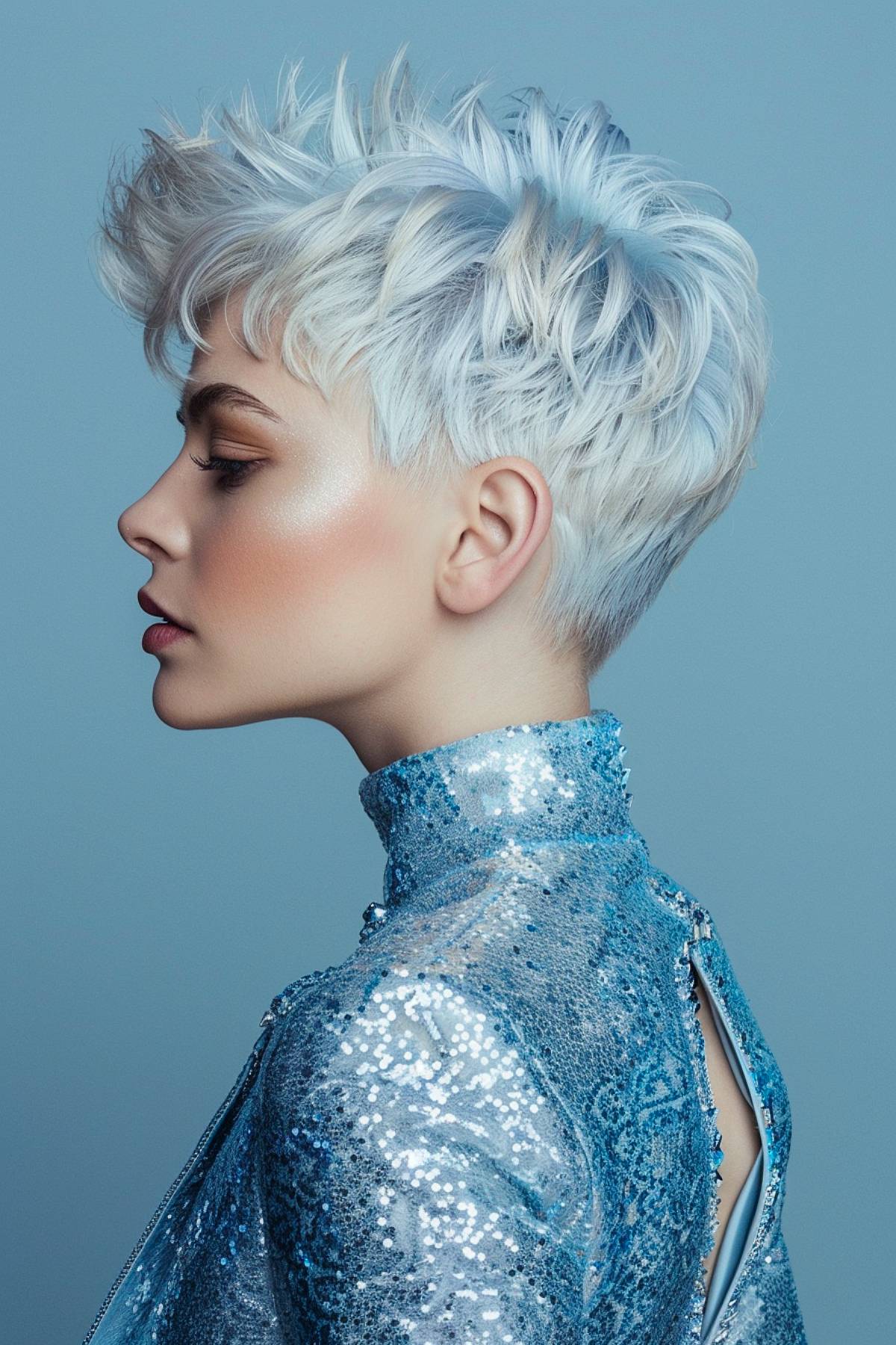 Icy white wavy pixie haircut with spiked layers