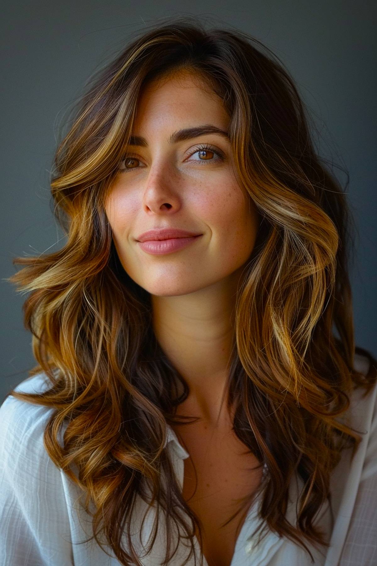 Fudge brown hair color with caramel highlights in soft waves