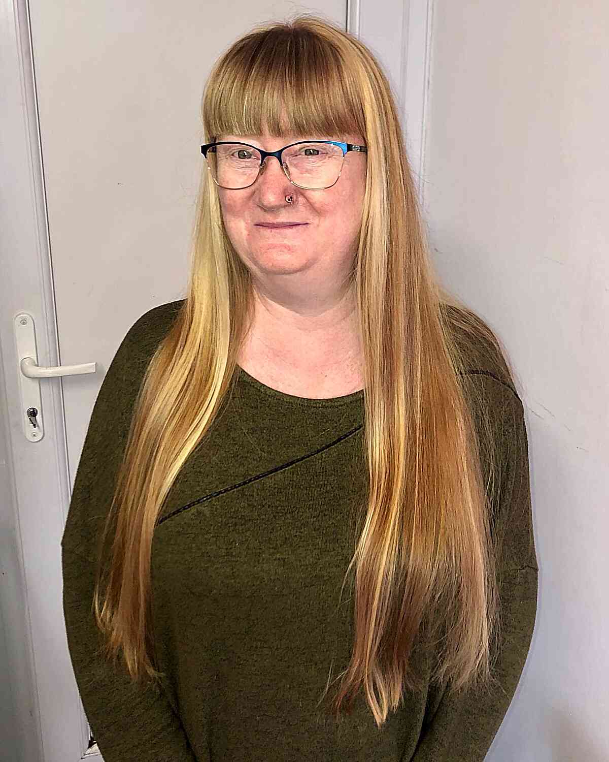 Full Bangs on Long Sleek Straight Hair for Mature Ladies with Glasses
