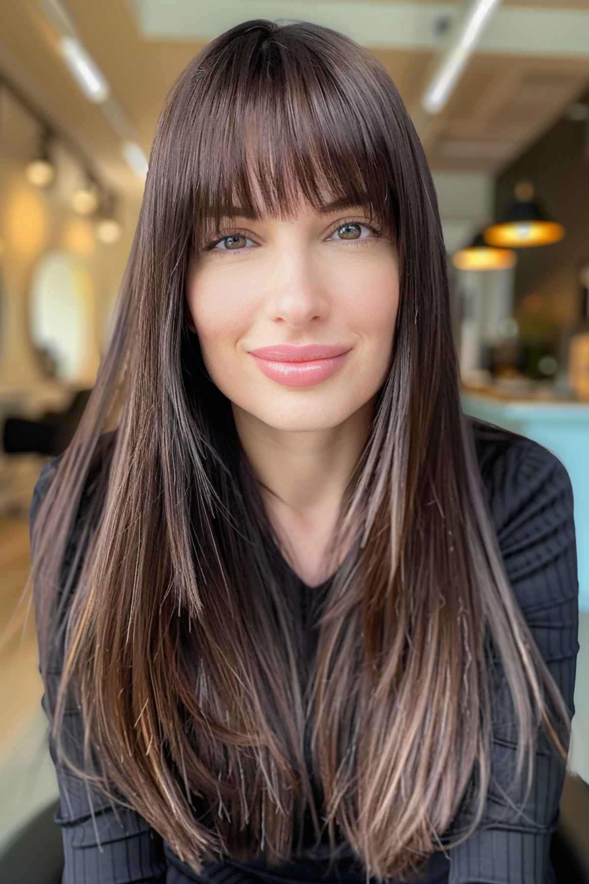 Long, sleek hair with a full fringe on a woman with fine to medium hair.