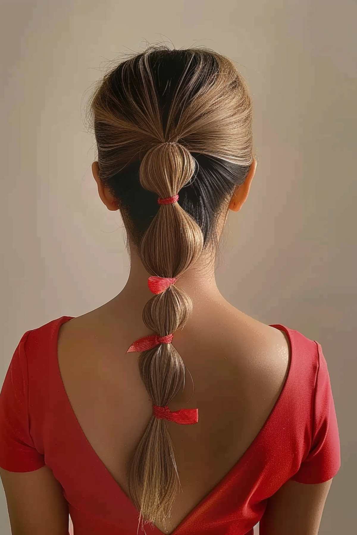 Medium to long hair in a bubble braid with red ribbons for 4th of July