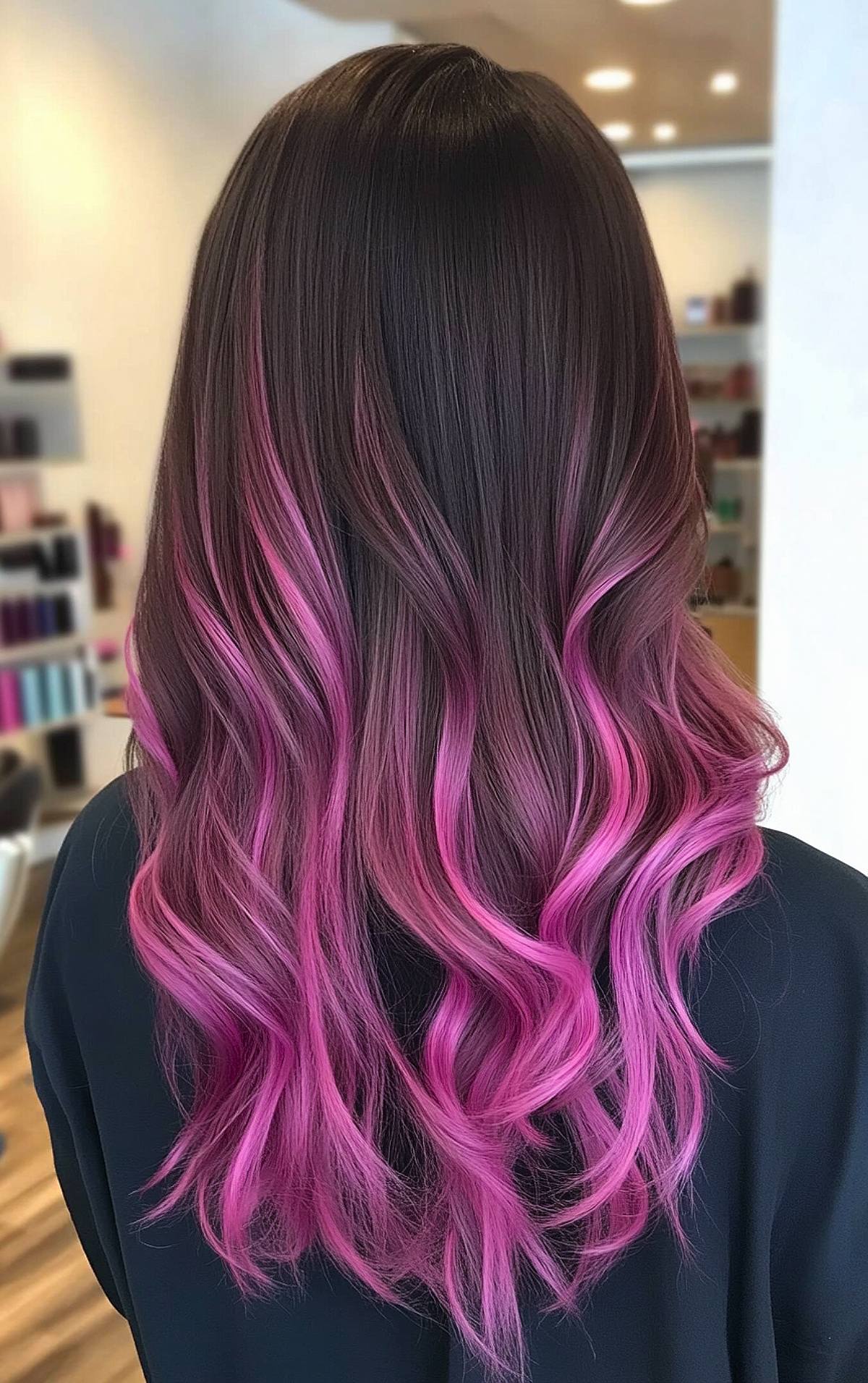 Brunette to bright pink ombre hair with soft waves for a bold look