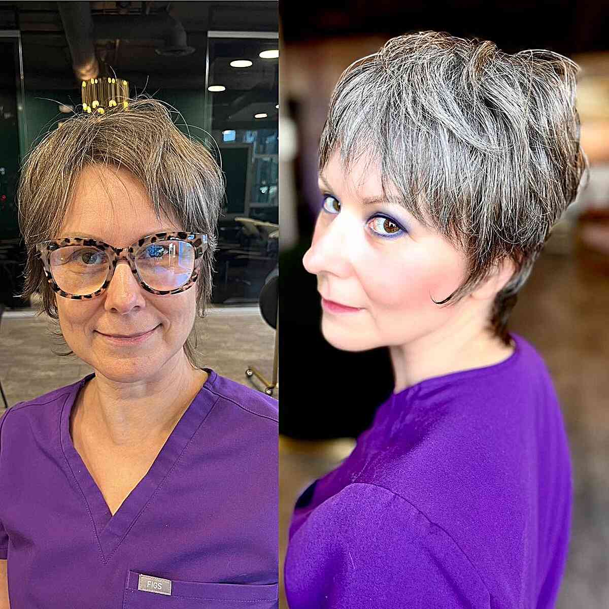Fun Pixie Shag for Older Women with salt and pepper aging hair