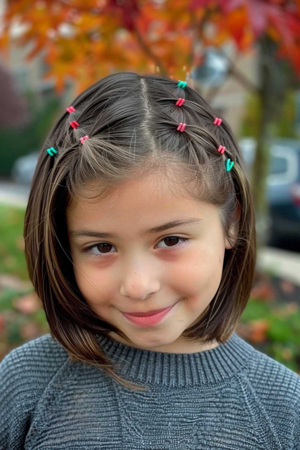 Fun rubber band hairstyle for 8-year-old girl with straight hair