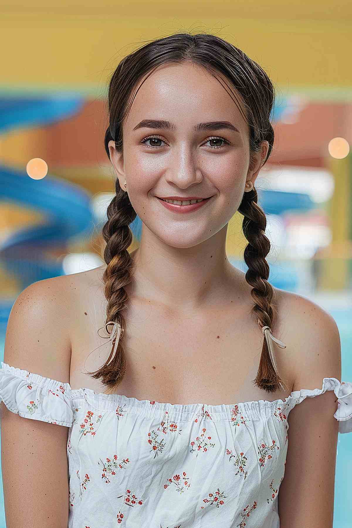 Front view of a woman with fun summer pigtails, ideal for medium-length hair and easy to manage for a day at the waterpark