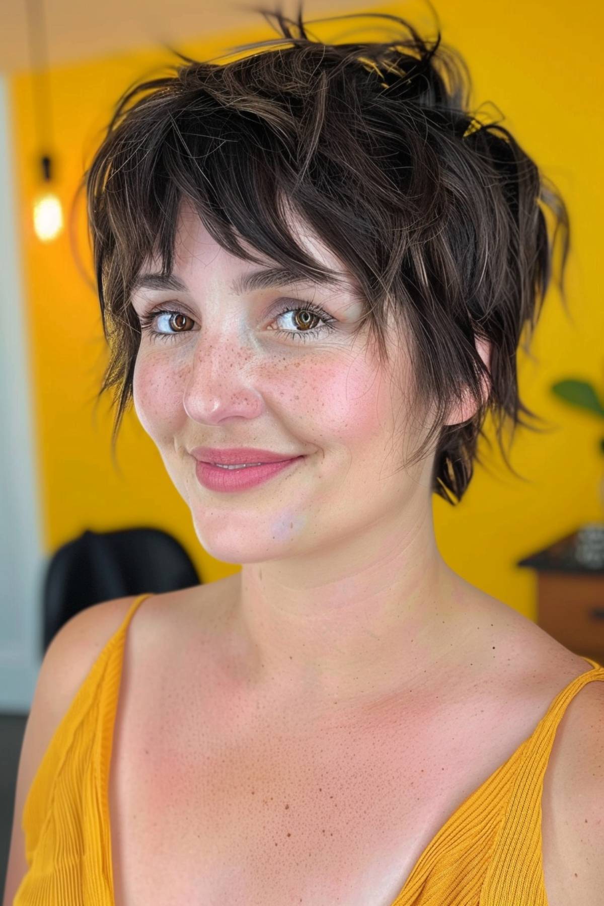 funky dark brown pixie cut with curtain bangs