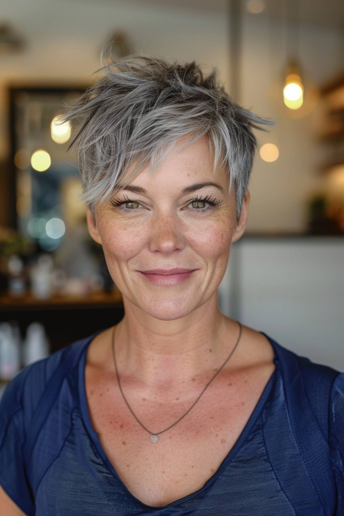 Funky pixie cut with a messy finish in a trendy grey color