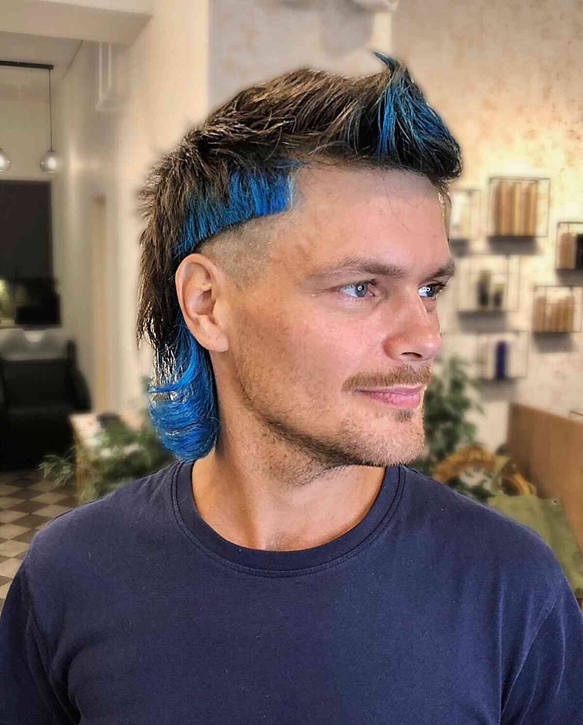 Funky Mullet Cut with Blue Highlights for Men