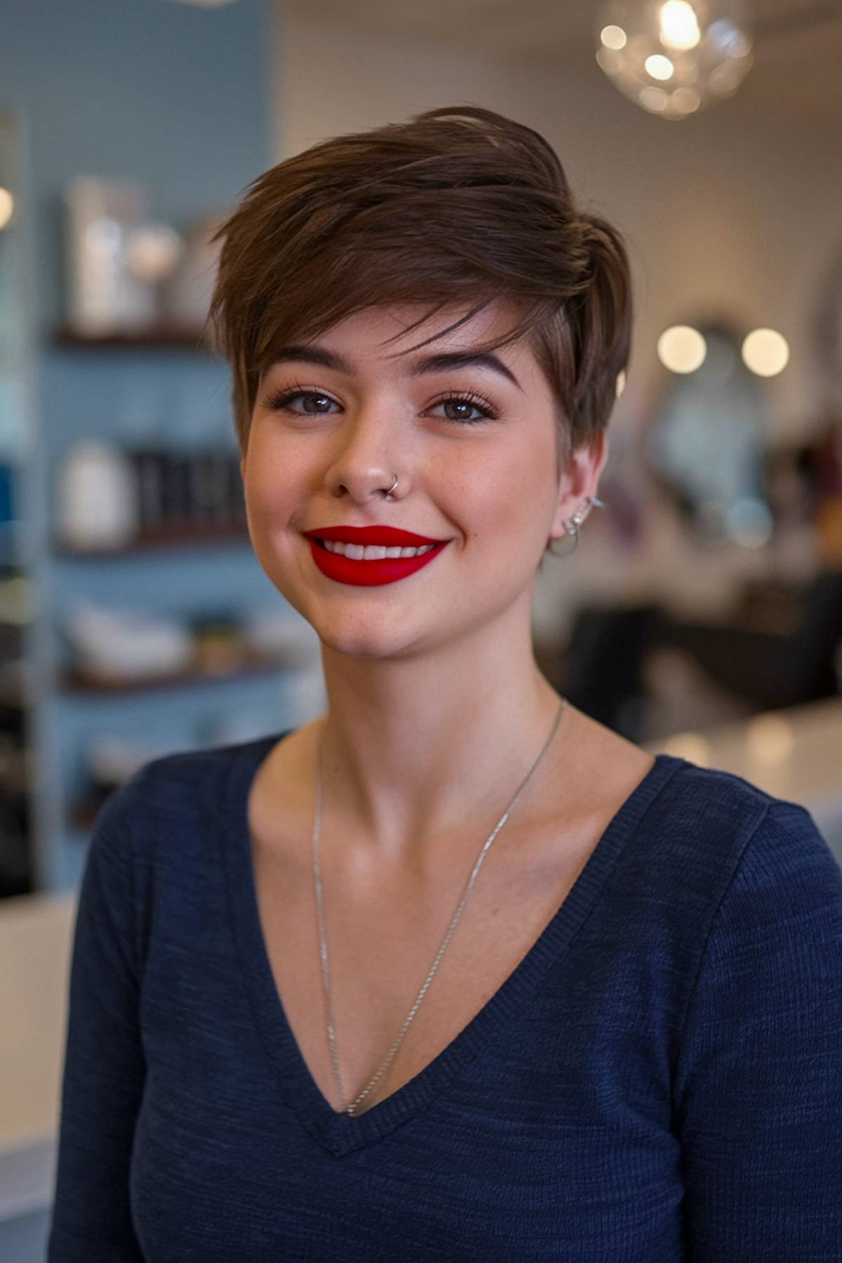 Soft brunette pixie cut with natural layers and side-swept bangs for a classic short style