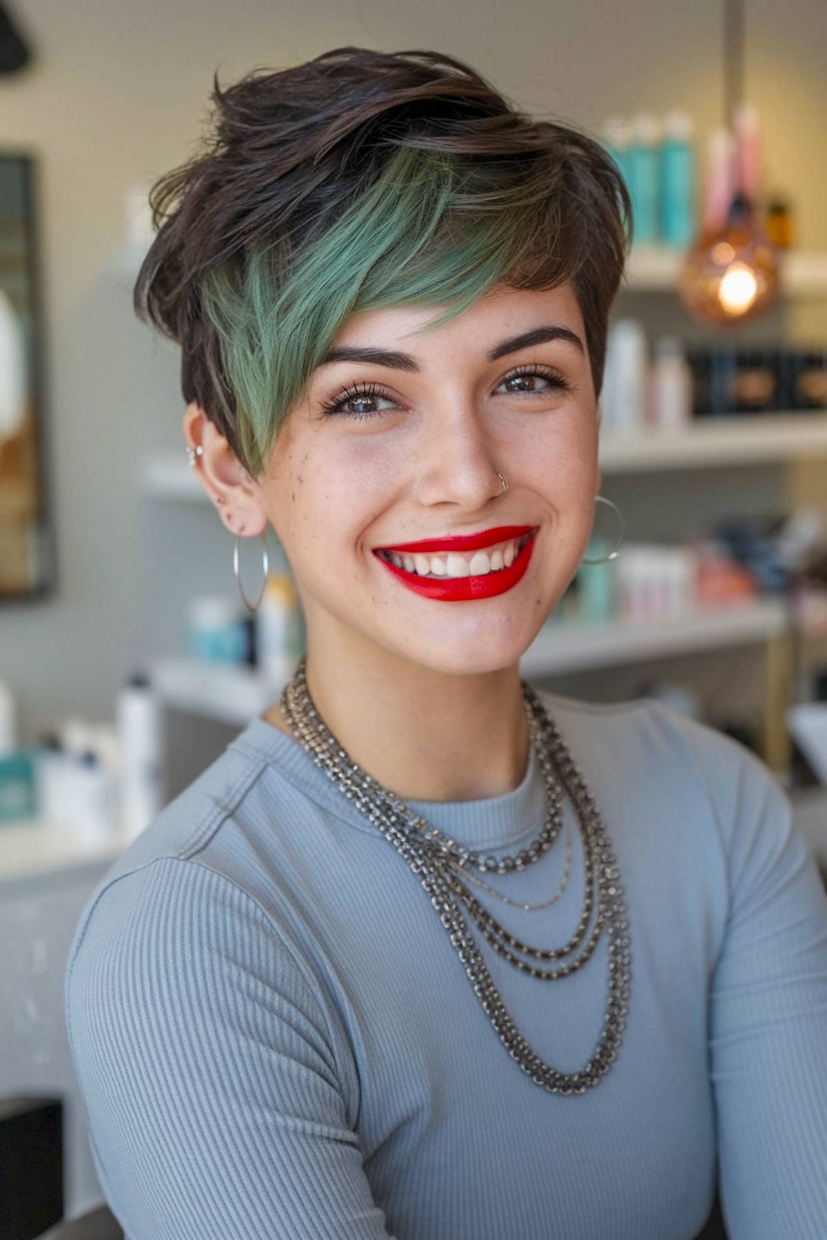 Short brown pixie cut with green bangs, ideal for adding depth to fine hair